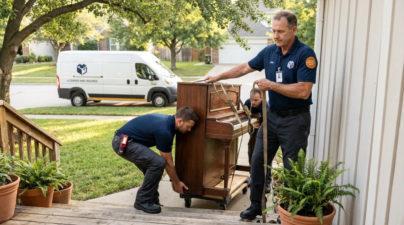 Licensed piano movers securing grand piano in Limerick, ME