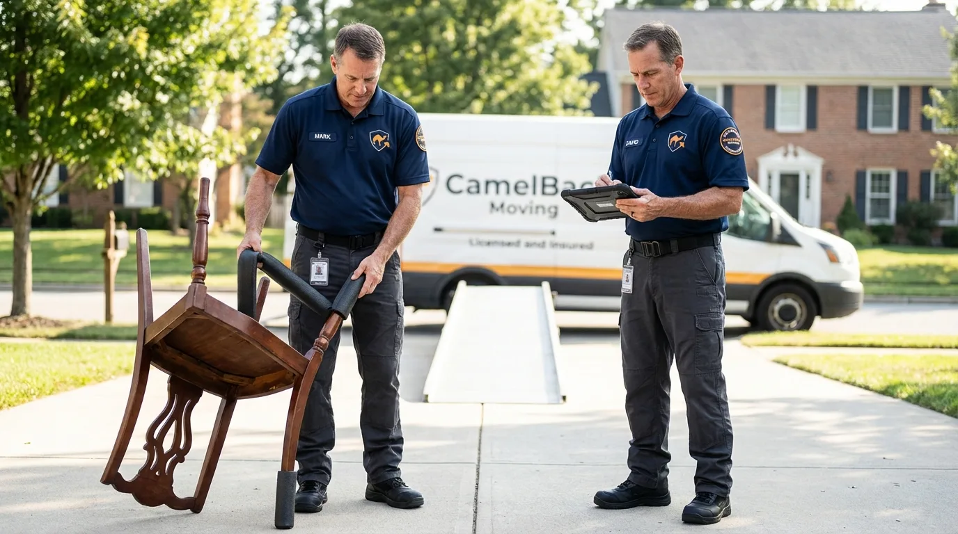 Movers inspecting furniture for damage prevention before loading in Limerick, ME