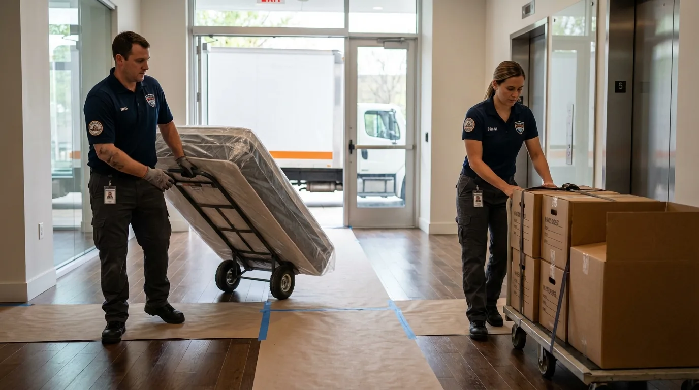 Professional apartment movers loading elevator in Limerick, ME