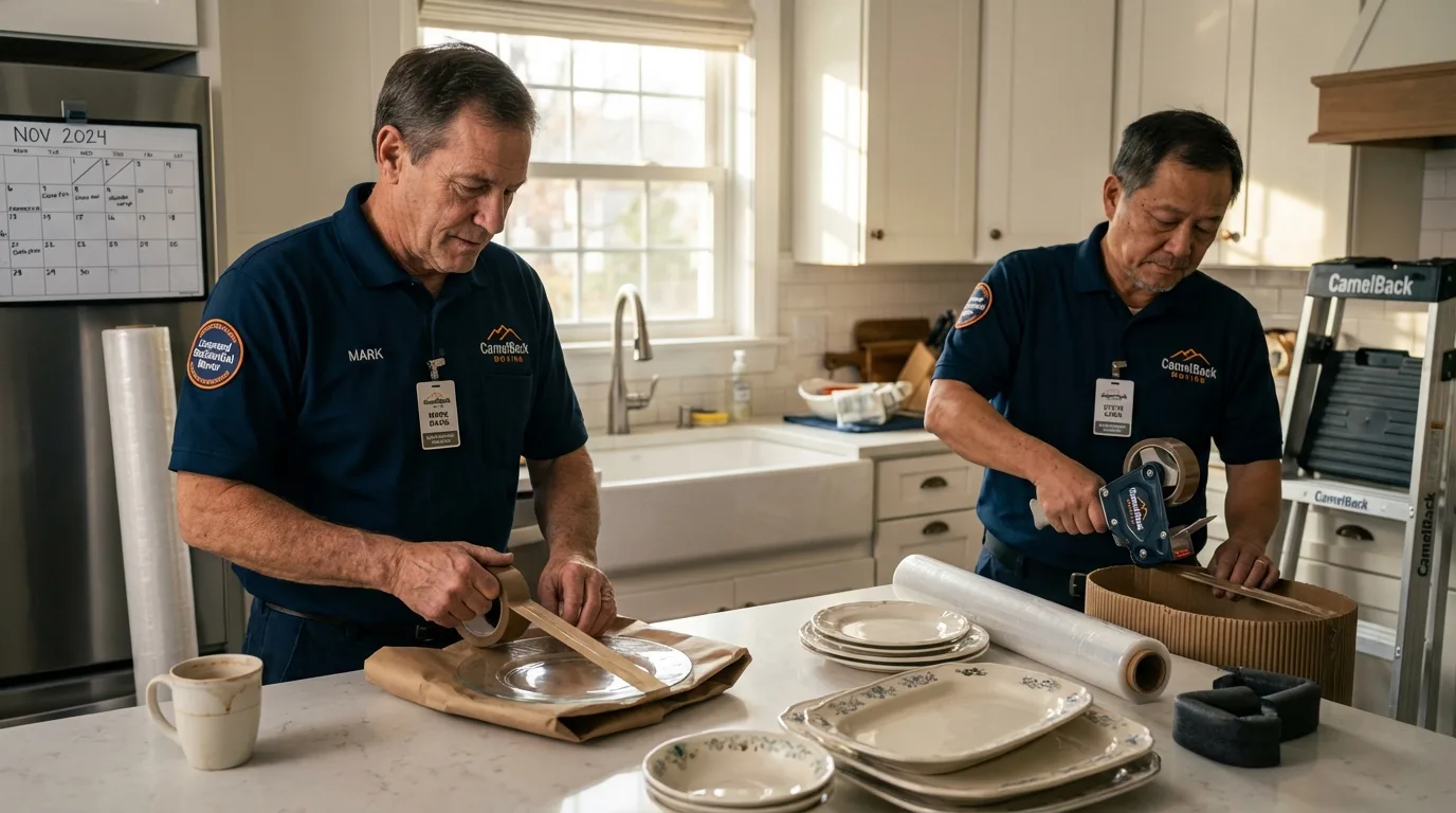 Professional crew packing kitchen dishware in Limerick, ME